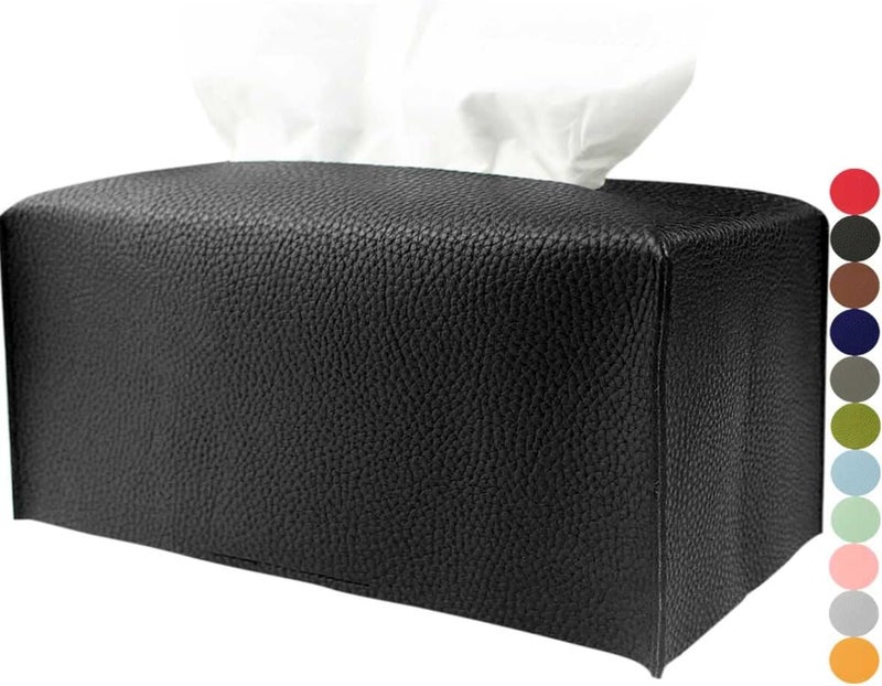 JESMINI Tissue Box Holder Rectangular Leather – with Bottom Belt [, Black] Modern Long PU Leather Rectangle Tissue Box Cover Holder Decorative for Bathroom Vanity Countertop/Night Stands/Office Desk - Image 1